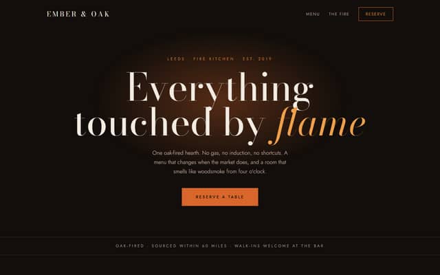 Screenshot of the Ember & Oak restaurant concept site